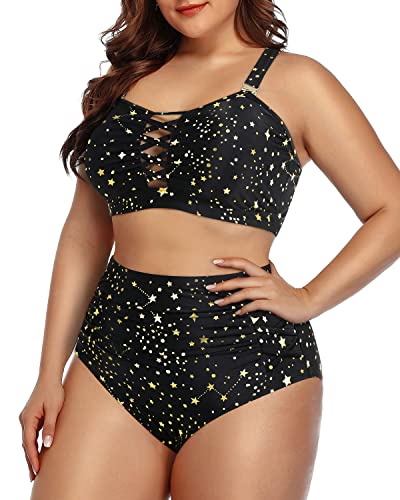 Women Charming Lace Up Plus Size Bikini High Waisted Bottoms-Gold Stars