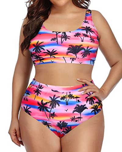 Attractive Plus Size 2 Piece Swimsuit Sports Bra Tank Top-Light Pink Palm Tree
