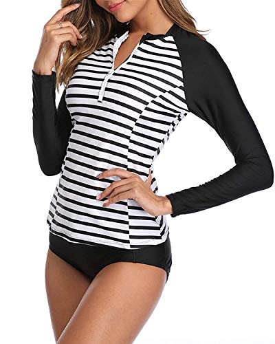 Women's Two Piece Zipper Rash Guard Set-Black And White Stripe