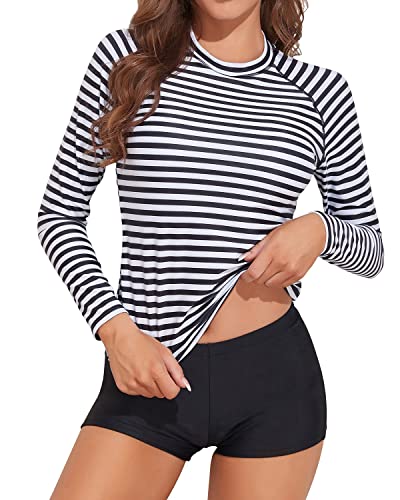 Comfortable Upf 50+ Womens Rash Guard Bathing Suit-Black And White Stripe