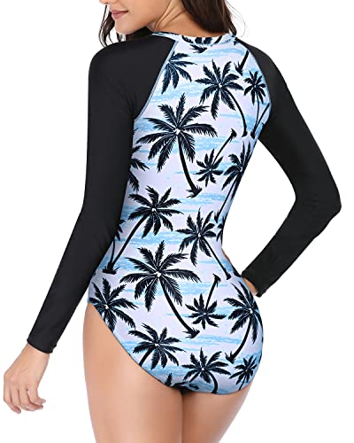 Zipper Rash Guard Swimsuit For Women Built-In Bra-Black Palm Tree