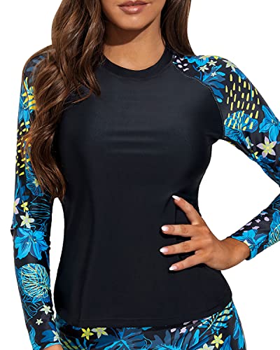 Upf 50+ Sun Protection Swim Shirt Rashguard Top For Ladies-Tropical Leaves