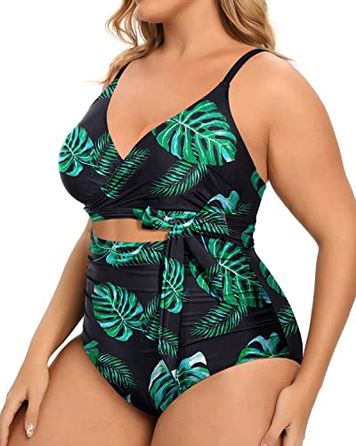 Feminine Cut-Out Design Plus Size One Piece Swimsuits-Black And Green Leaf
