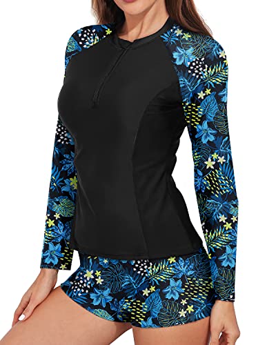 Women's Upf 50+ Long Sleeve Rash Guard Zipper Front And Boy Shorts-Blue Leaf
