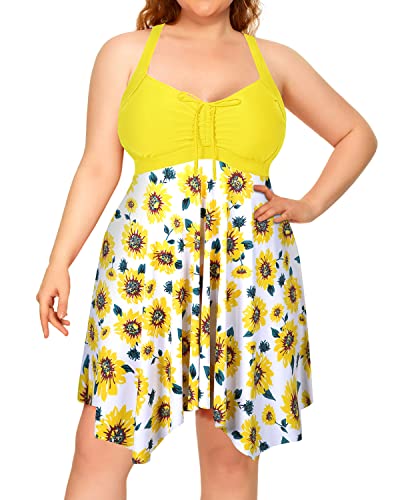 Adjustable Drawstring Tankini Plus Size Two Piece Swimdress-Yellow Floral