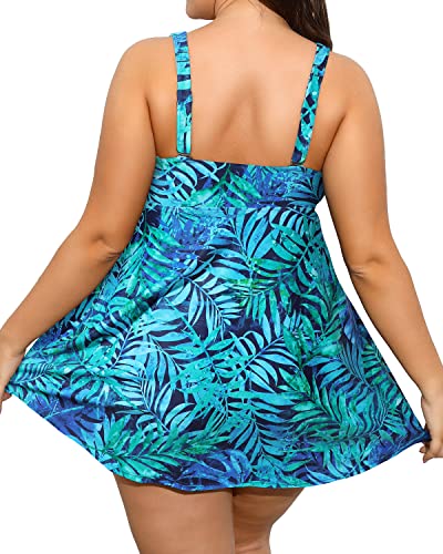 Flattering Plus Size Two Piece Bathing Suit Flowy Hem And Boyshort-Dark Blue Green Leaves