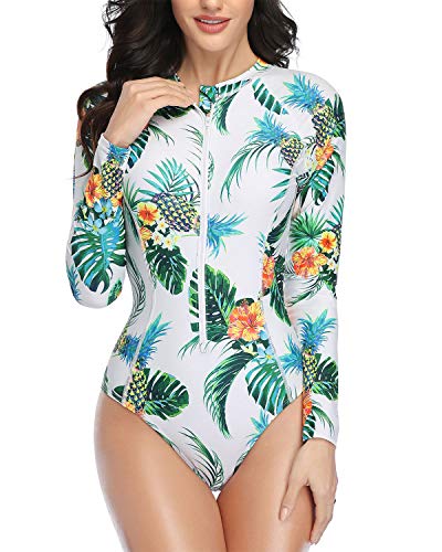 Upf 50+ One Piece Women's Rash Guard Built-In Bra-White Pineapple