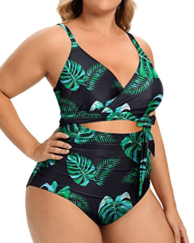 Feminine Cut-Out Design Plus Size One Piece Swimsuits-Black And Green Leaf