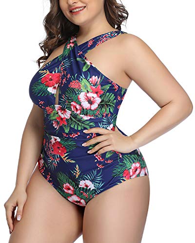 Adjustable Strap Tummy Control One Piece Swimwear-Blue Floral