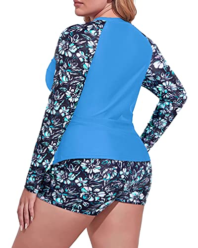 Long Sleeve Plus Size Rash Guard Swim Shirts Top Boy Short-Blue Flower On Black