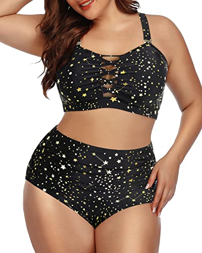 Women Charming Lace Up Plus Size Bikini High Waisted Bottoms-Gold Stars