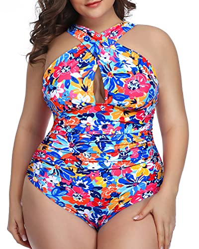 Keyhole Design One Piece Bathing Suits For Women-Blue Floral