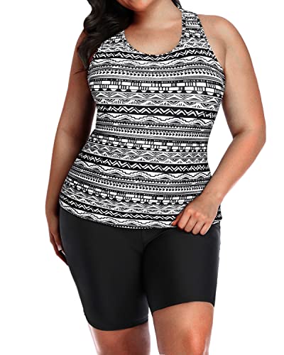 Flattering Tribal Plus Size Racerback Swimsuit Boyshorts For Women-Black Tribal