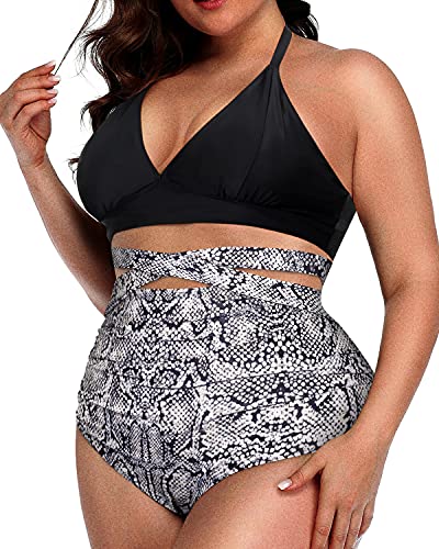 Chic And Flattering Knotted High Waisted Plus Size Bikini Set-Black And White Snake Print