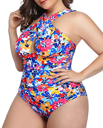 Keyhole Design One Piece Bathing Suits For Women-Blue Floral
