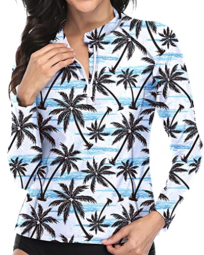 Abraision-Resistant Long Sleeve Rashguard Swim Shirt For Women-Black Palm Tree