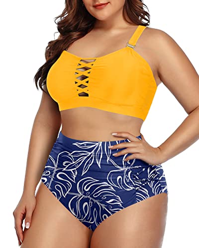 High Waisted Lace Up Push Up Bikini For Plus Size Women-Yellow And Blue Leaf