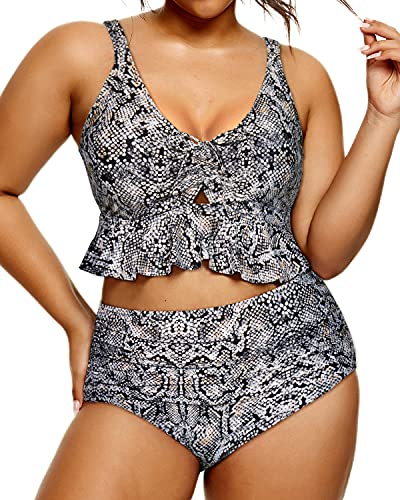 Chic Flounce Hemline Bikini Set For Curvy Women-Orange Snake Print