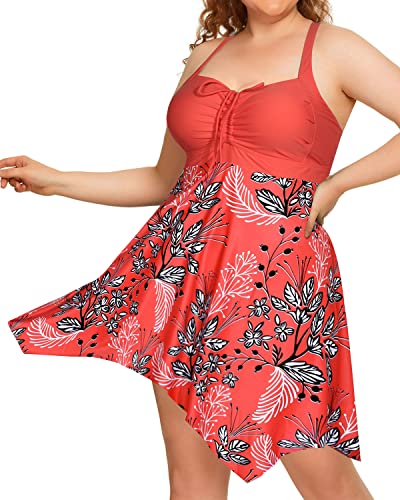 Elegant Skirted Tummy Control Two Piece Swimdress Boyshorts For Women-Pink Flower