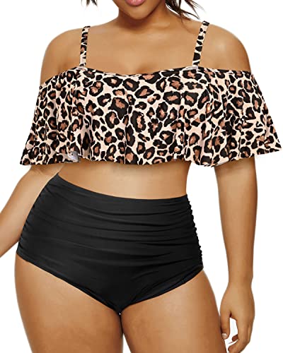 Slimming And Charming Plus Size Ruffle Bikini Set For Women-Black And Leopard