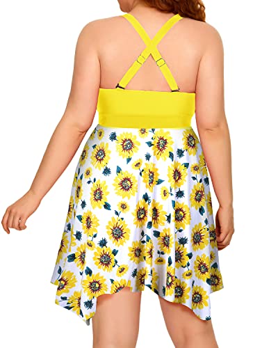 Adjustable Drawstring Tankini Plus Size Two Piece Swimdress-Yellow Floral