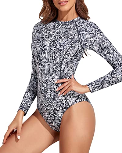 Upf 50+ Long Sleeve Rash Guard Swimsuit For Women-Orange Snake Print