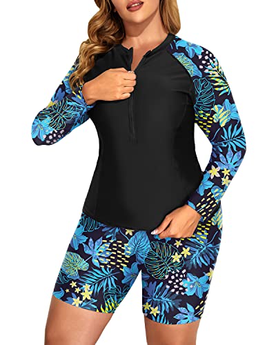 Athletic Zip Front Rash Guard Tankini Boy Shorts For Women-Blue Leaf