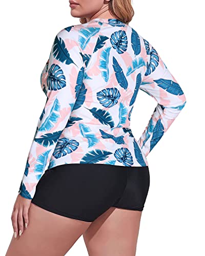 Women's Plus Size Upf 50+ Rash Guard Swimwear Boyleg Bottom-White Leaf