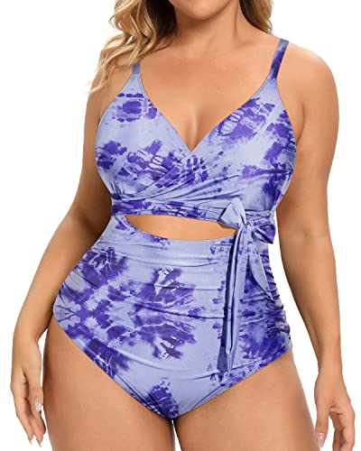 Sexy Cutout High Waisted Tummy Control One Piece Swimsuits-Blue Tie Dye