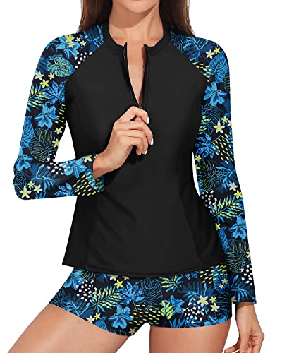 Women's Upf 50+ Long Sleeve Rash Guard Zipper Front And Boy Shorts-Blue Leaf