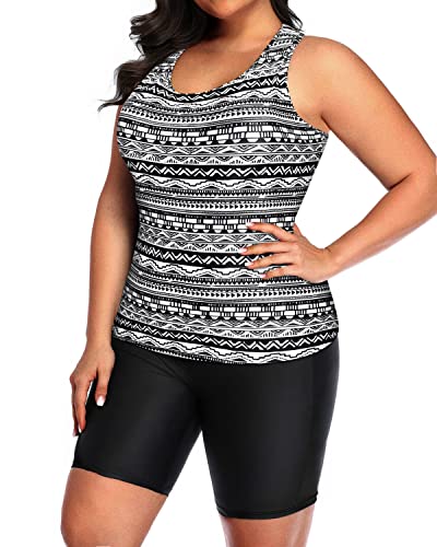 Flattering Tribal Plus Size Racerback Swimsuit Boyshorts For Women-Black Tribal