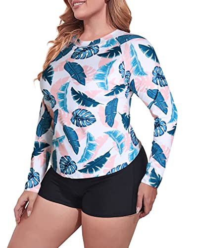Women's Plus Size Upf 50+ Rash Guard Swimwear Boyleg Bottom-White Leaf