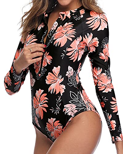 One Piece Zipper Women's Rash Guard Long Sleeve Swimsuit Upf 50+-Black Orange Floral
