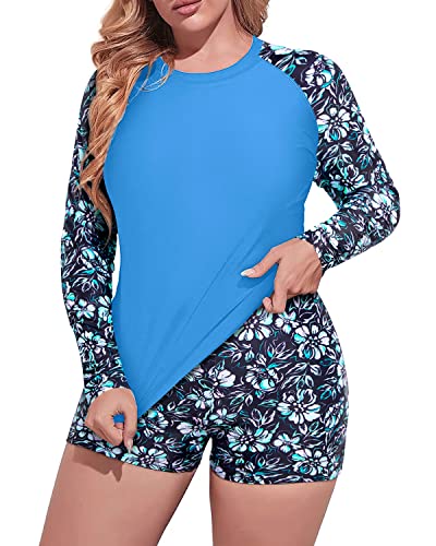 Long Sleeve Plus Size Rash Guard Swim Shirts Top Boy Short-Blue Flower On Black