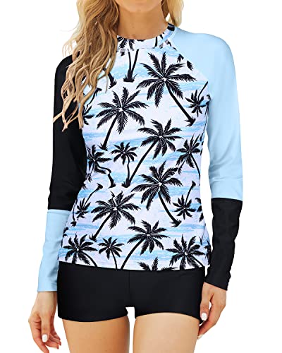 Sporty Women's Bathing Suit Sets Boyshort And Long Sleeve Rashguard-Black Cconut Tree