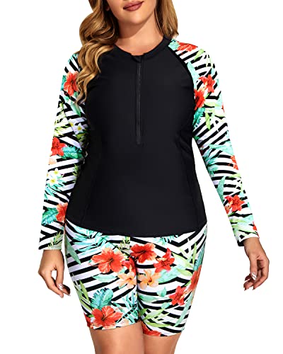 Athletic Boy Shorts Tankini 2 Piece Plus Size Long Sleeve Rash Guard-Black And Striped Leaves