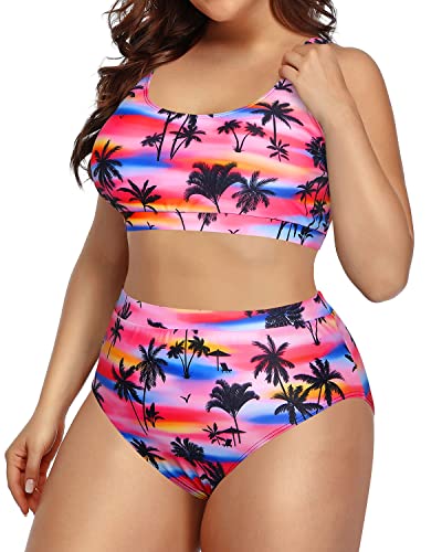 Attractive Plus Size 2 Piece Swimsuit Sports Bra Tank Top-Light Pink Palm Tree