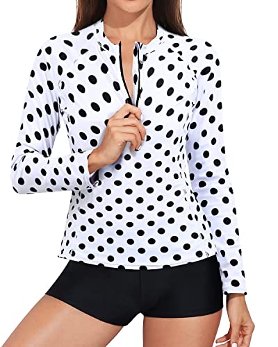 Women's 2 Piece Long Sleeve Rash Guard Bathing Suit Zipper-Black Dot