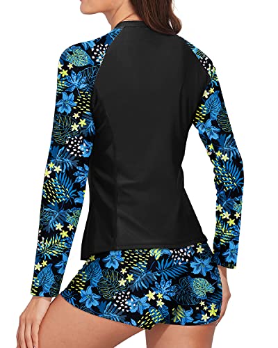 Women's Upf 50+ Long Sleeve Rash Guard Zipper Front And Boy Shorts-Blue Leaf