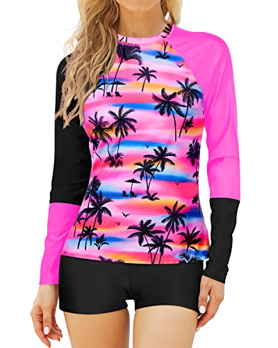 Sporty Raglan Sleeves Rash Guard Long Sleeve Swimming Suits Women-Pink Palm