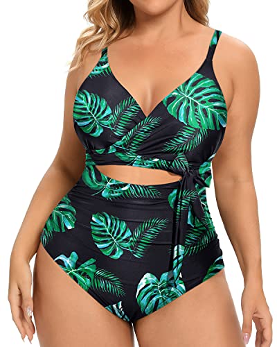 Feminine Cut-Out Design Plus Size One Piece Swimsuits-Black And Green Leaf
