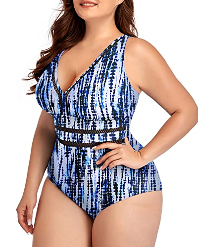 Padded Push Up Bra One Piece Swimsuits For Women Plus Size-Blue Tie Dye