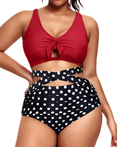 Two Piece Slimming High Waist Plus Size Bikini Swimsuit-Red Dot