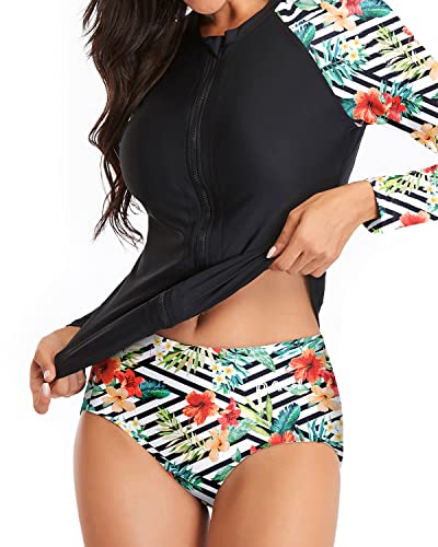 Long Sleeve Rashguard And Shorts Bathing Suit For Women-Black And Striped Leaves