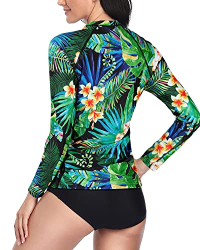 Two Piece Women's Bathing Suit Long Sleeve Rash Guard-Tropical Leaf