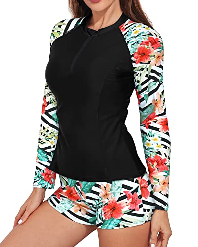 Long Sleeve Rash Guard Swimsuit Boy Shorts For Women-Black And Striped Leaves