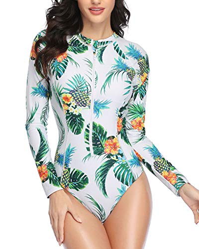Upf 50+ One Piece Women's Rash Guard Built-In Bra-White Pineapple