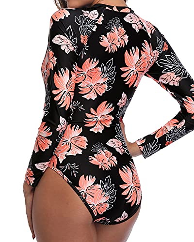 One Piece Zipper Women's Rash Guard Long Sleeve Swimsuit Upf 50+-Black Orange Floral