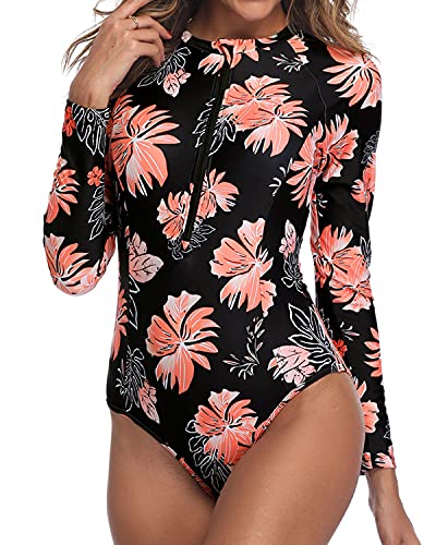 One Piece Zipper Women's Rash Guard Long Sleeve Swimsuit Upf 50+-Black Orange Floral