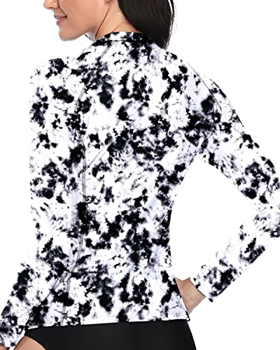 Women's Quick Dry Long Sleeve Rashguard Top Sun Protection Swim Shirt-Blackwhite Tie Dye